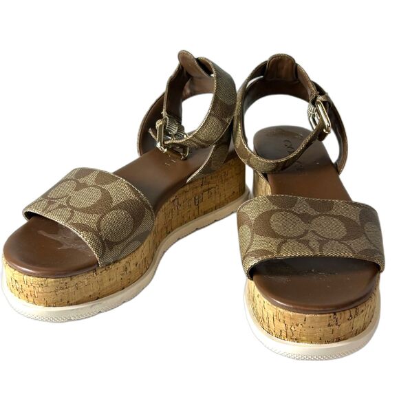 Coach Talulah Brown Signature Print Platform Ankle Strap Sandals Size 6B - Picture 5 of 15